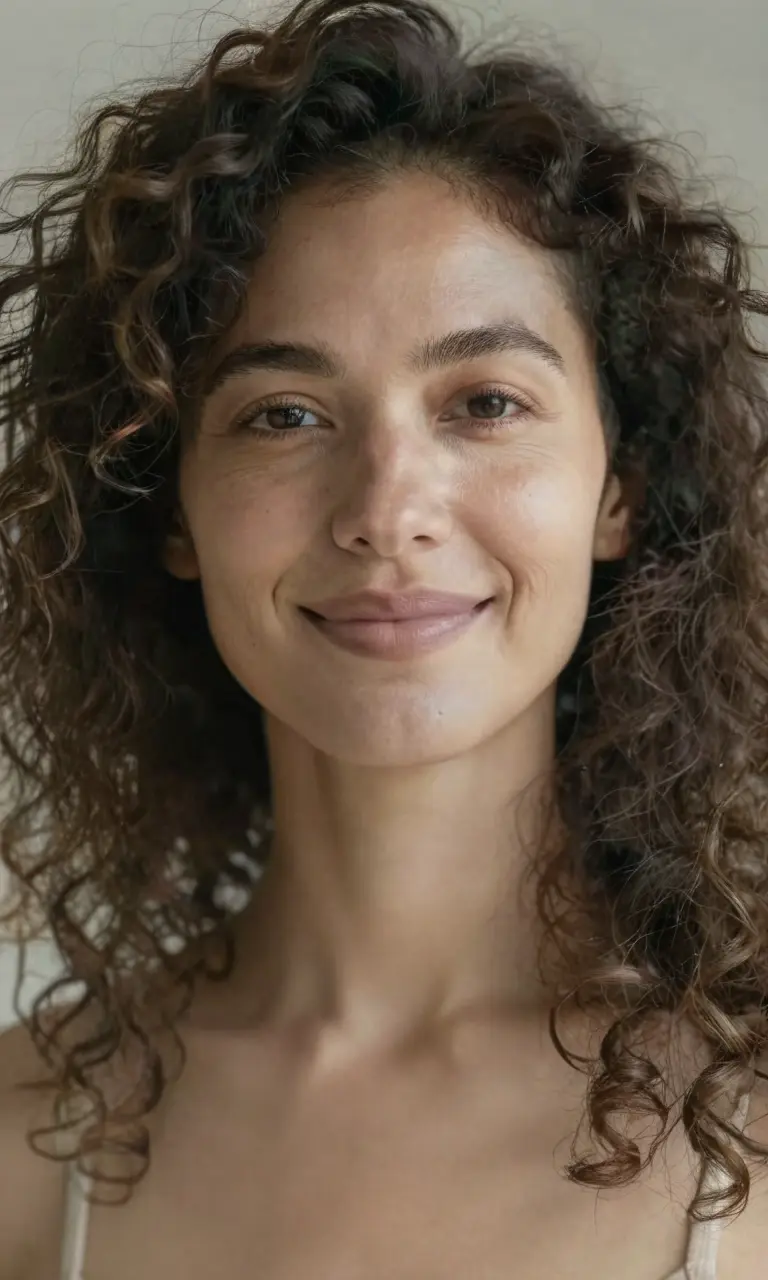 A close-up portrait of an independent American woman with curly hair, a smile, and wisdom